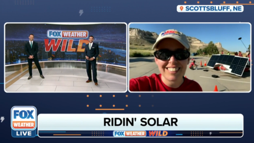 ASC Event Director Gail Lueck being interviewed live on Fox Weather from the Scottbluff Nebraska checkpoint during the 2022 American Solar Challenge.